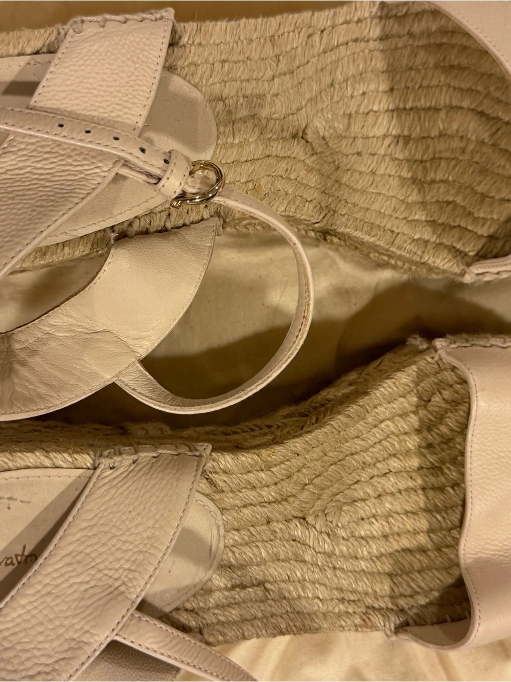 Salvatore Ferragamo Cream Leather Espadrille Sandals with Gold Accent